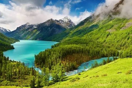 जंगल और हरी ढलानों से घिरी पहाड़ी झील